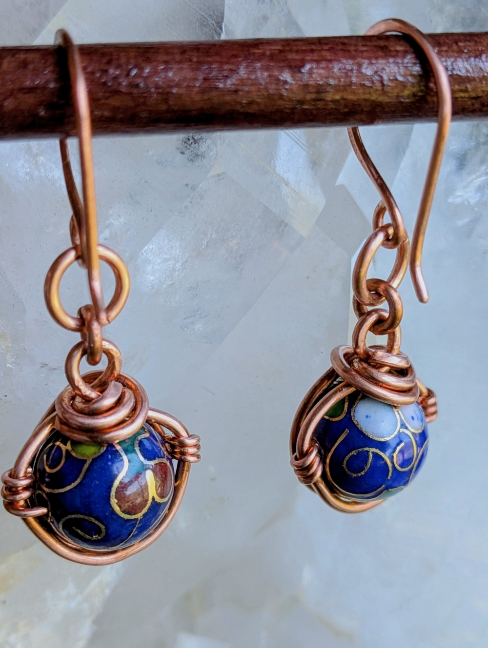 Copper Wrapped Cloisonne Earrings- Colorful Flower Blossom Details - Picture 5 of 12